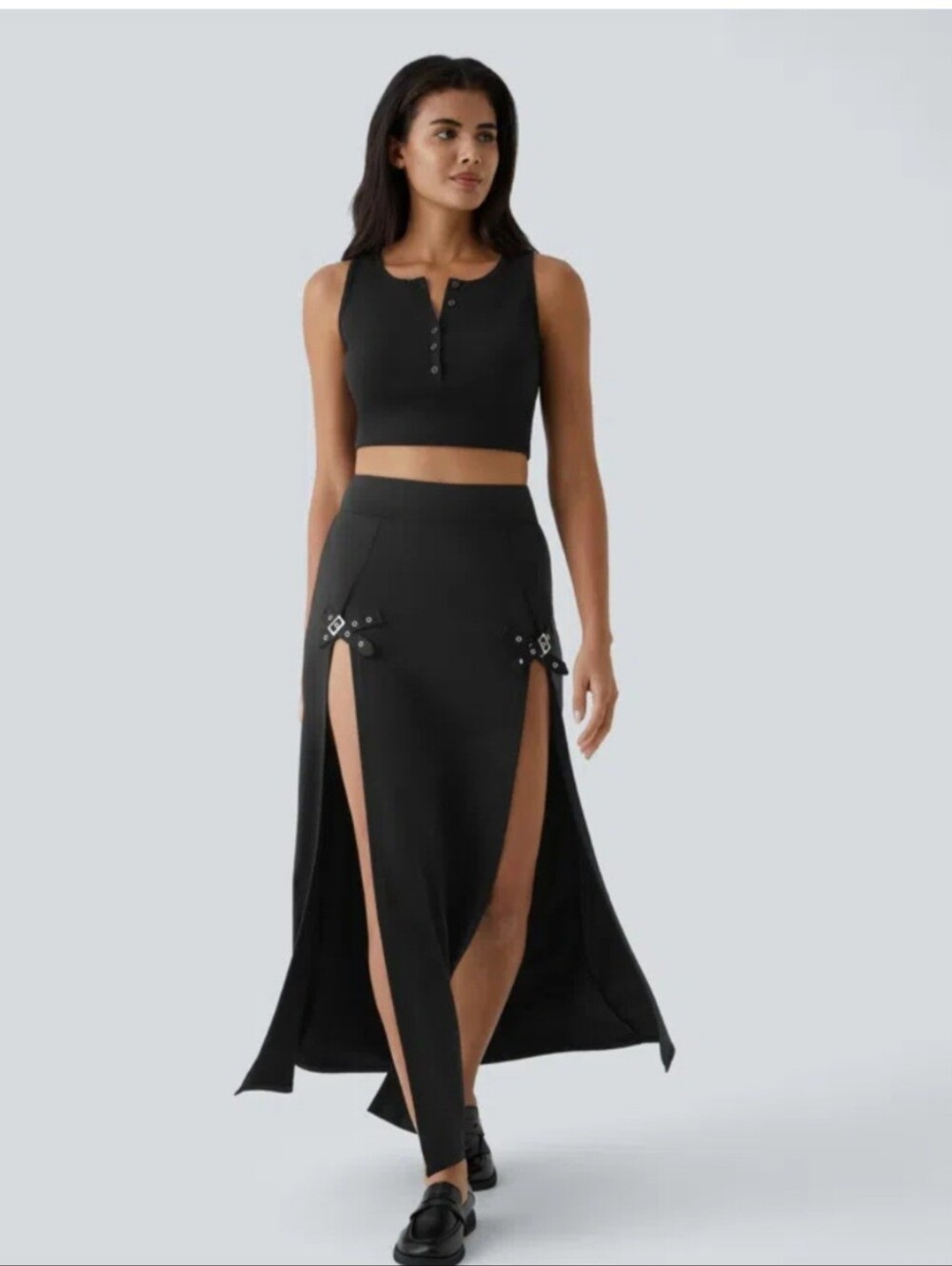 HALARA Black High-Low Maxi Skirt with Dual Front Slits